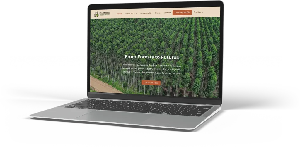 Mozambique Tree Farming website displayed on a laptop